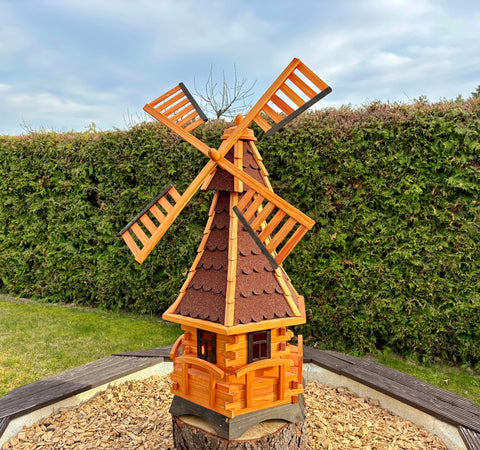 DARLUX XXL Garten-Windmühle Sechseck aus Holz kugelgelagert Braun/Rot/Grün H-120 cm