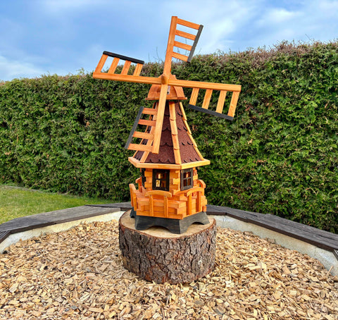 DARLUX XL Garten-Windmühle Sechseck aus Holz kugelgelagert Braun/Rot H-95 cm